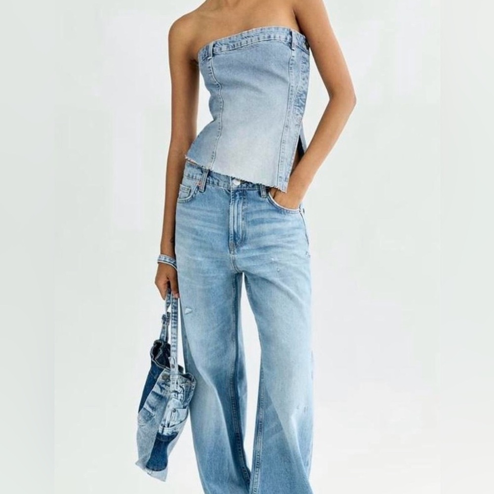 Zara Light Blue Denim strapless corset top Size Small